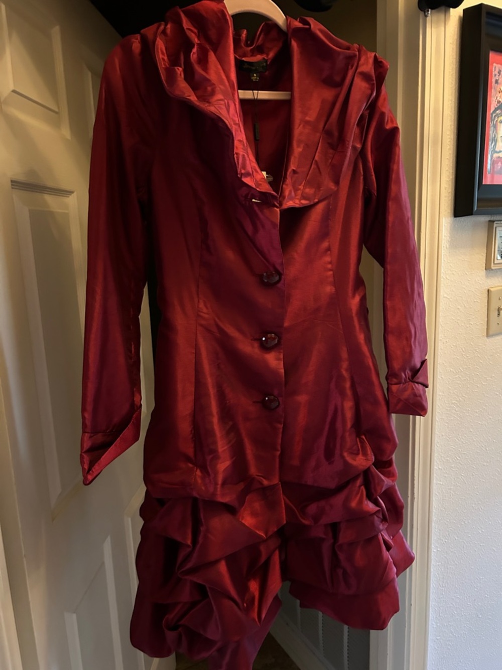 Red Satin Ruffle Trench Coat by